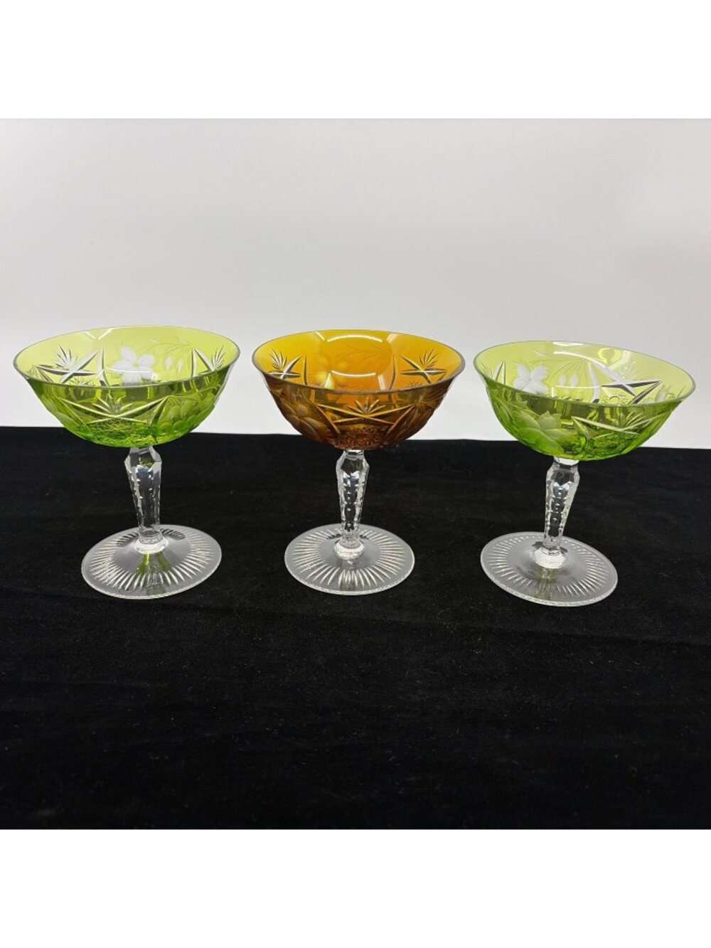 3 Vintage Ajka Marsala Cut to Clear Sherbet Champagne Coupe 4.75 Green Amber